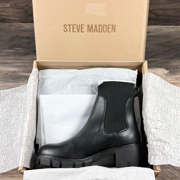 NIB Steve Madden 9.5M Hutch Stretch Lug Sole Chelsea Boots Black Faux Leather - Picture 8 of 11